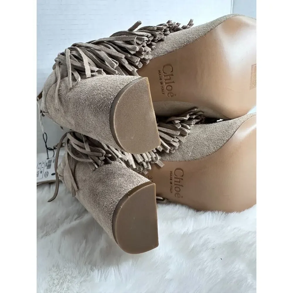 Chloe Fringed Tasseled Suede Ankle Open Toes boots Size UE 37